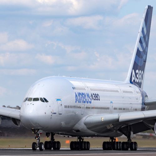 Farnborough, UK - July 16, 2014: Airbus A380-841 large four engined commercial airliner aircraft F-WWOW on the runway at Farnborough Airport.